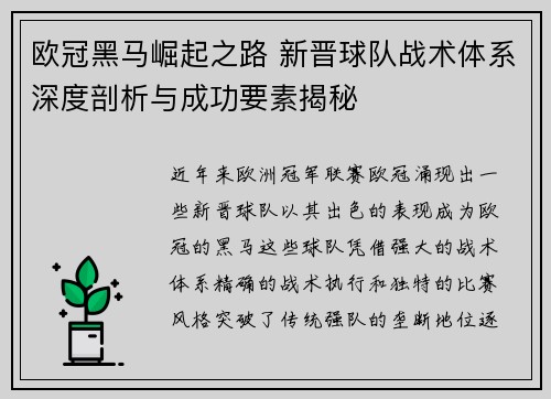 欧冠黑马崛起之路 新晋球队战术体系深度剖析与成功要素揭秘