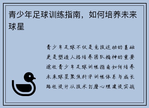 青少年足球训练指南，如何培养未来球星