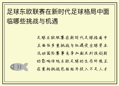 足球东欧联赛在新时代足球格局中面临哪些挑战与机遇